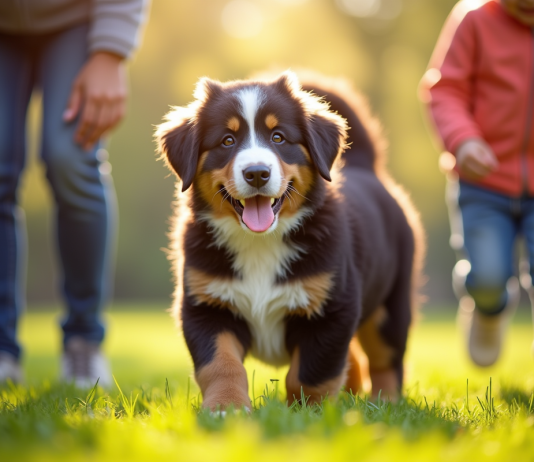 Chiot bouledogue joyeux avec enfants dans un parc ensoleille
