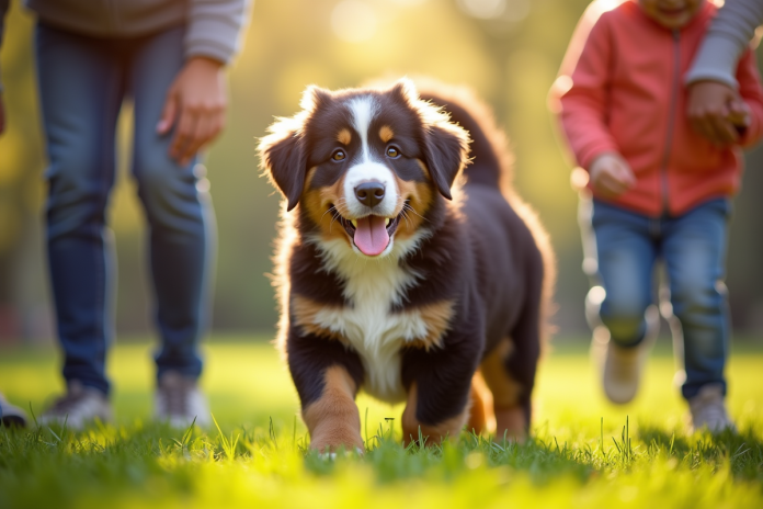 Chiot bouledogue joyeux avec enfants dans un parc ensoleille
