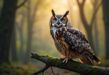Chouette perchée sur une branche en forêt au matin