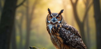 Chouette perchée sur une branche en forêt au matin