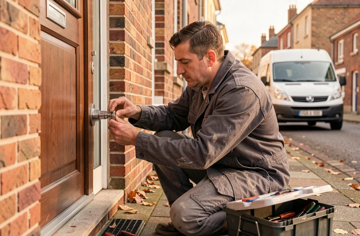 Artisan serrurier indépendant remplaçant un cylindre de serrure devant une maison à Calais, représentant le serrurier Christophe