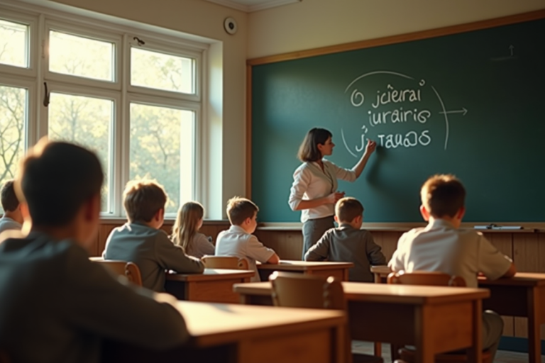 Salle de classe française avec professeur écrivant j'aurai et j'aurais