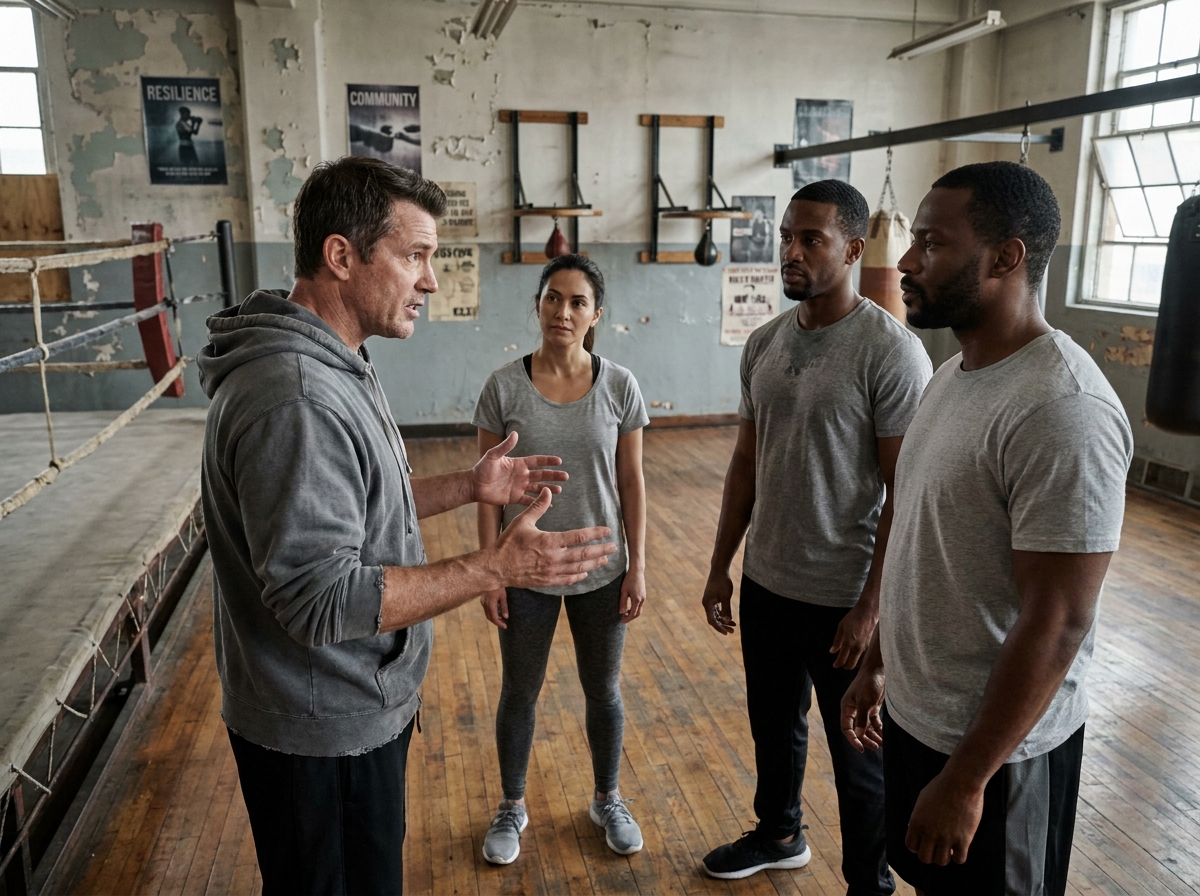 Un coach explique les règles d'une salle de boxe parisienne à un groupe de nouveaux membres multiculturels