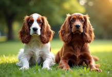 Deux cockers spaniels assis dans un parc ensoleille avec différences de texture