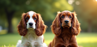 Deux cockers spaniels assis dans un parc ensoleille avec différences de texture