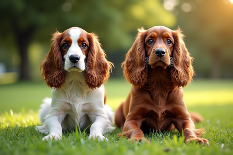 Deux cockers spaniels assis dans un parc ensoleille avec différences de texture
