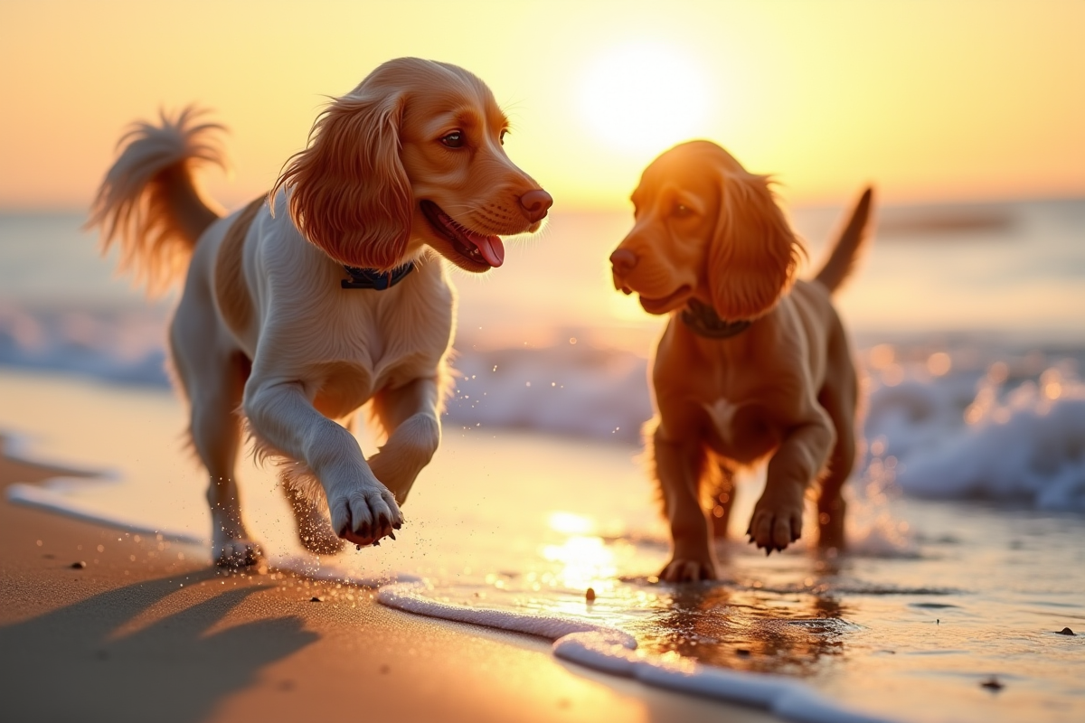 Cocker spaniel americain jouant à la plage au lever du soleil avec l