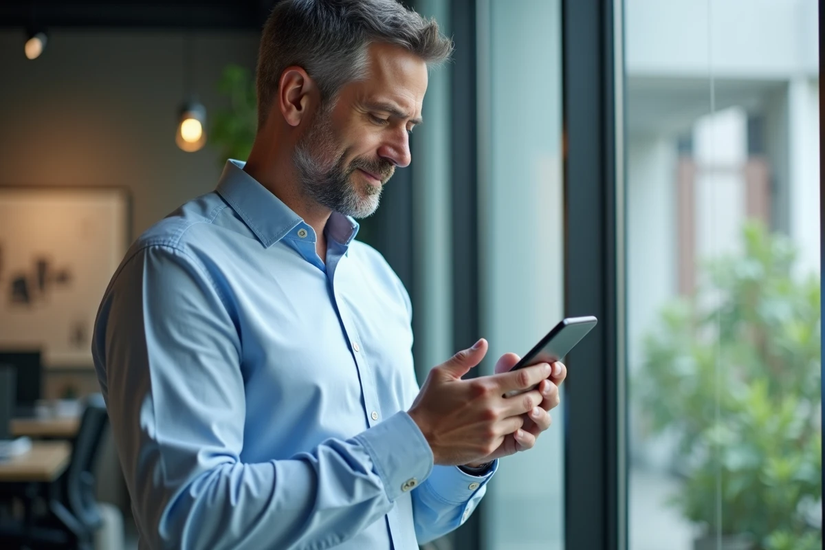 Homme en bureau composant le code international 32 pour appeler la Belgique sur son smartphone