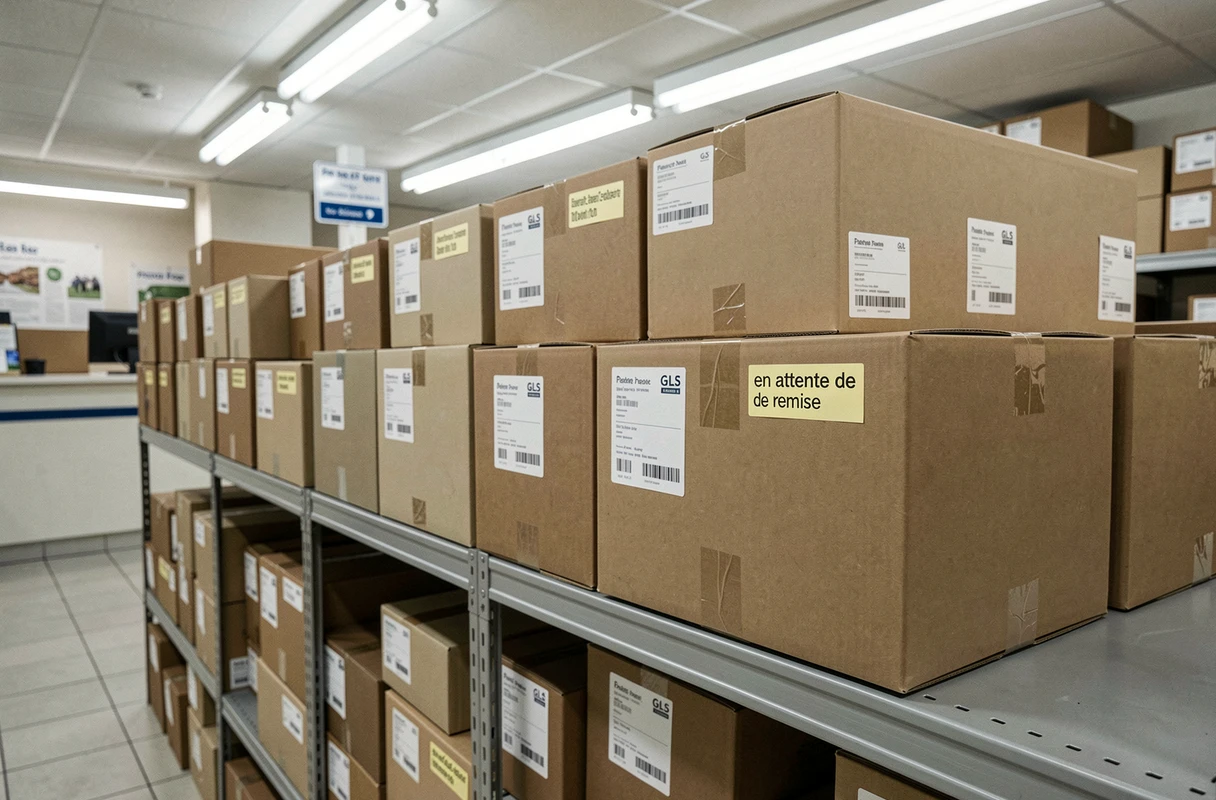 Rangée de colis en attente de remise sur des étagères dans un point relais GLS