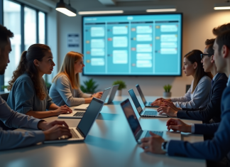 Groupe de collègues collaborant autour d'une table de bureau moderne