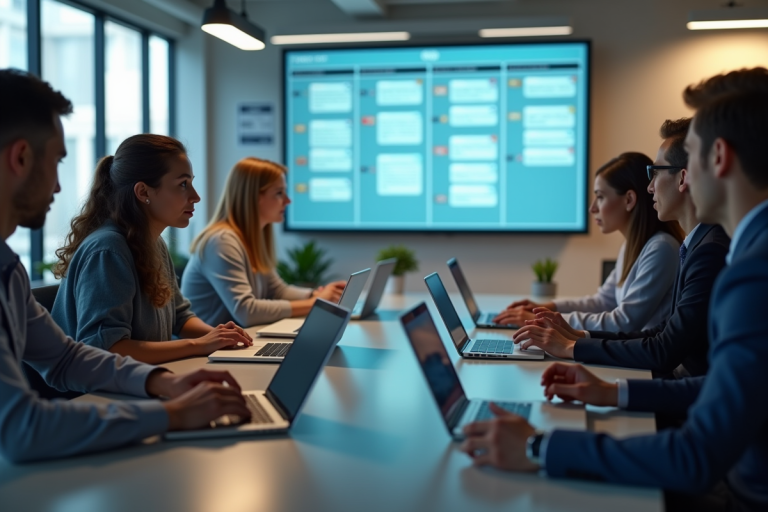 Groupe de collègues collaborant autour d'une table de bureau moderne