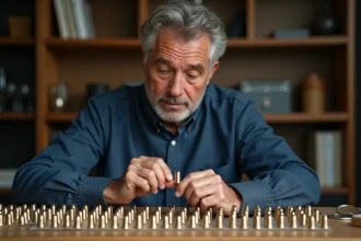 Collectionneur de capsules de champagne examinant sa collection sur un bureau en bois avec des capsules classées dans des pochettes transparentes