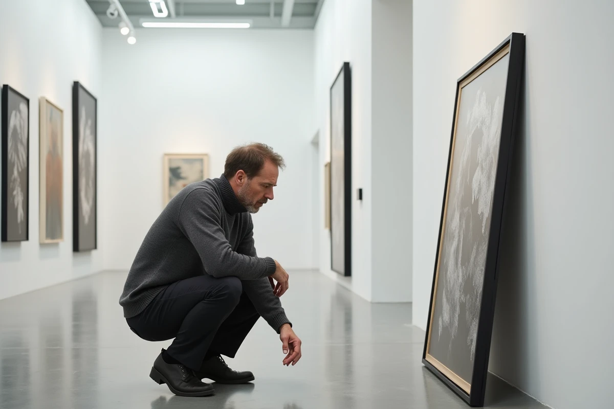 Commissaire d'exposition examinant une peinture abstraite moderne dans une galerie minimaliste