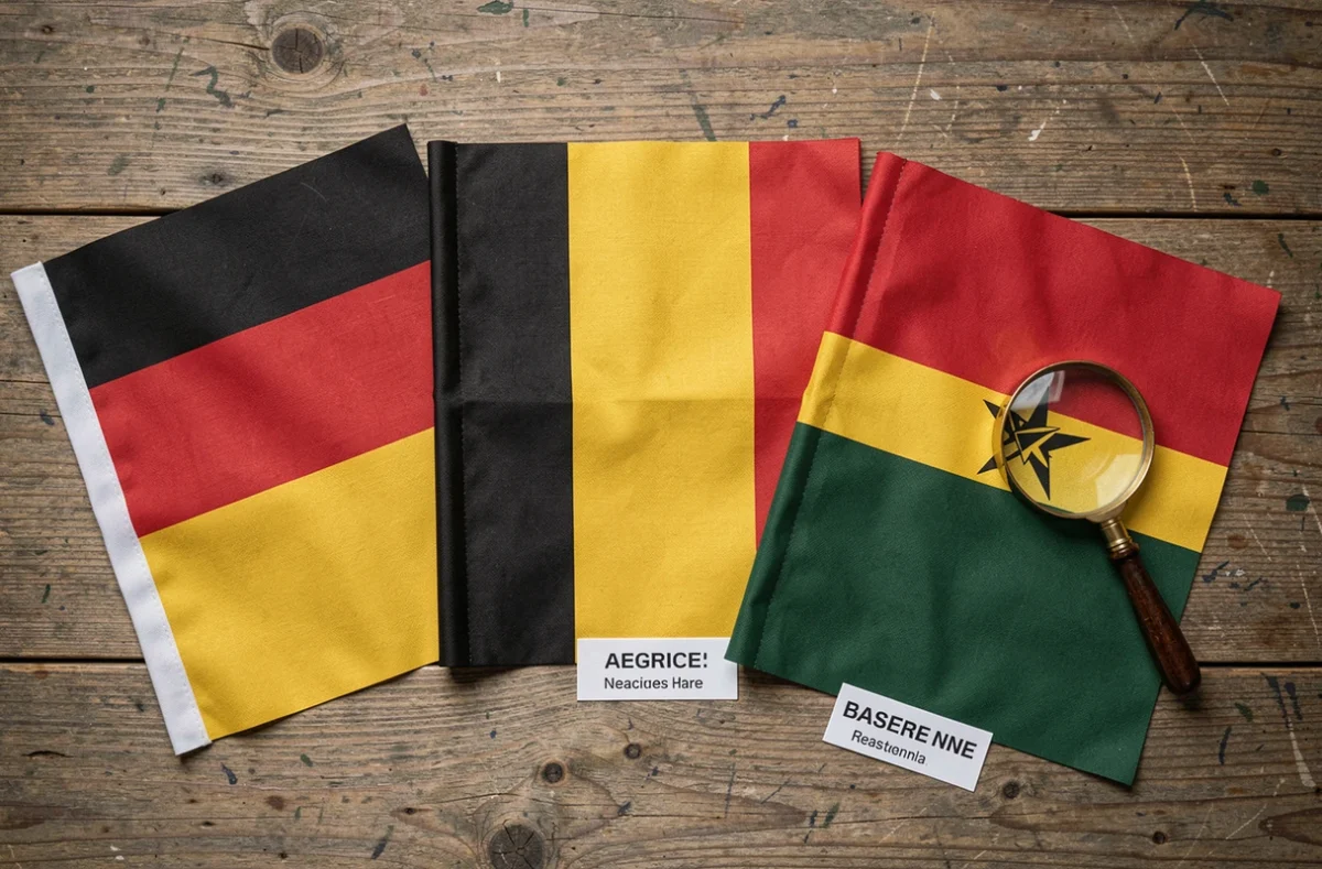 Vue aérienne de trois drapeaux nationaux comportant les couleurs noir rouge et jaune posés à plat sur une table en bois, accompagnés d'étiquettes et d'une loupe