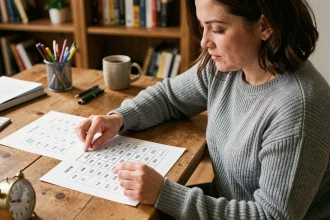 Femme comparant des horaires TV en format AM/PM et 24 heures sur un bureau en bois