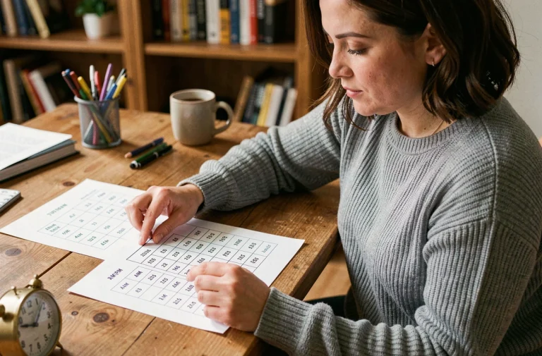 Femme comparant des horaires TV en format AM/PM et 24 heures sur un bureau en bois