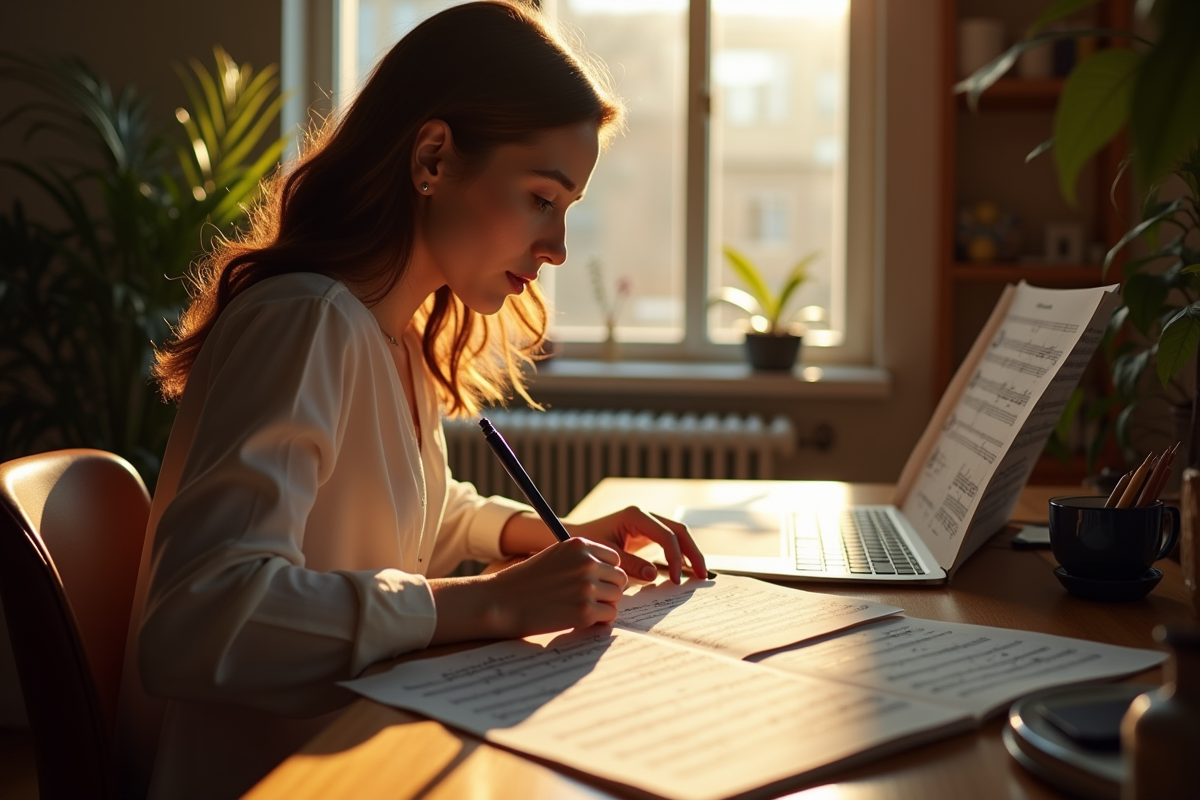 Femme compositrice travaillant sur partition en lumière naturelle