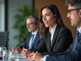 Femme en costume avec casque lors d'une conférence internationale