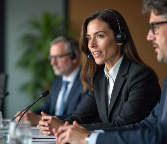 Traduction simultanée : astuces et conseils pour une interprétation efficace! Femme en costume avec casque lors d'une conférence internationale