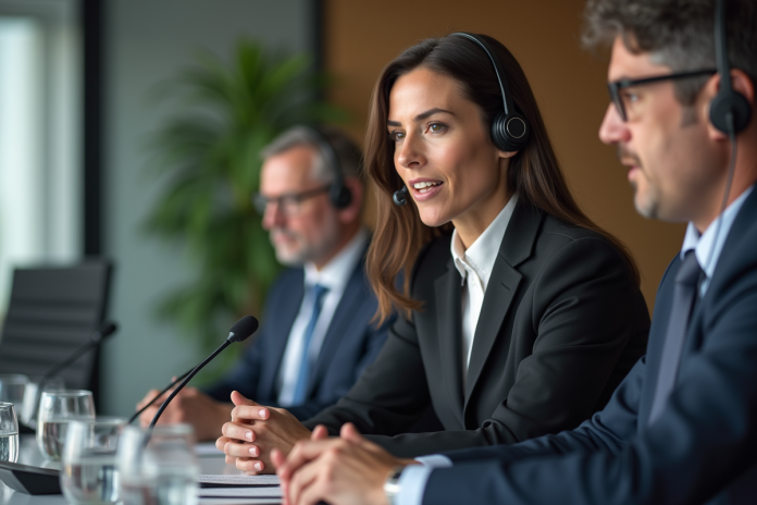 confenceuse-salle-internationale Femme en costume avec casque lors d'une conférence internationale