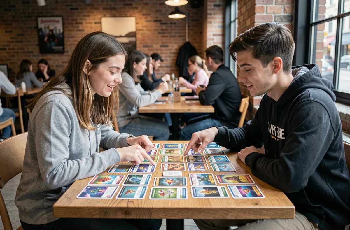 Deux jeunes adultes qui discutent de la construction d'un deck Pokémon débutant dans un café moderne