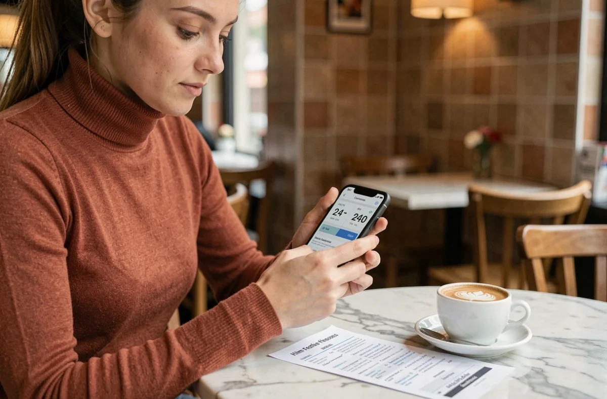 Jeune femme utilisant une application de conversion heure AM/PM en 24h dans un café avec un programme de festival de cinéma