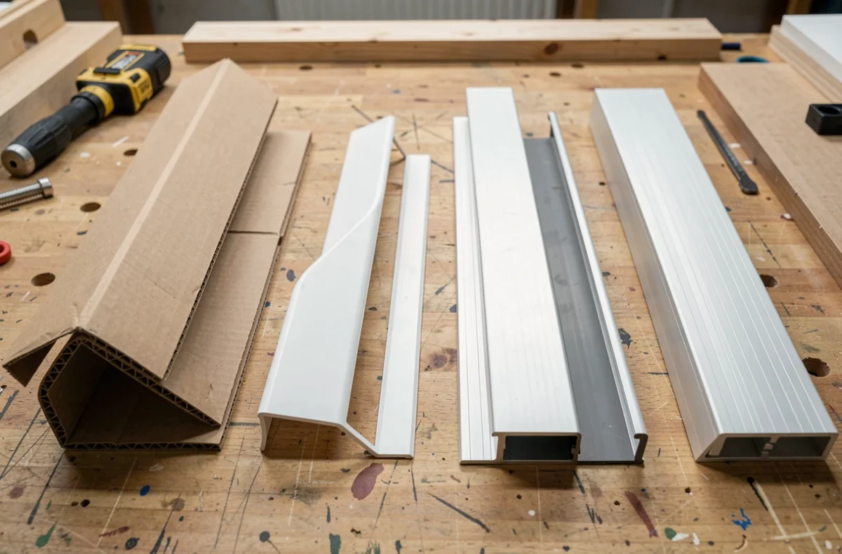 Cornières en carton, en PVC et en aluminium posées côte à côte