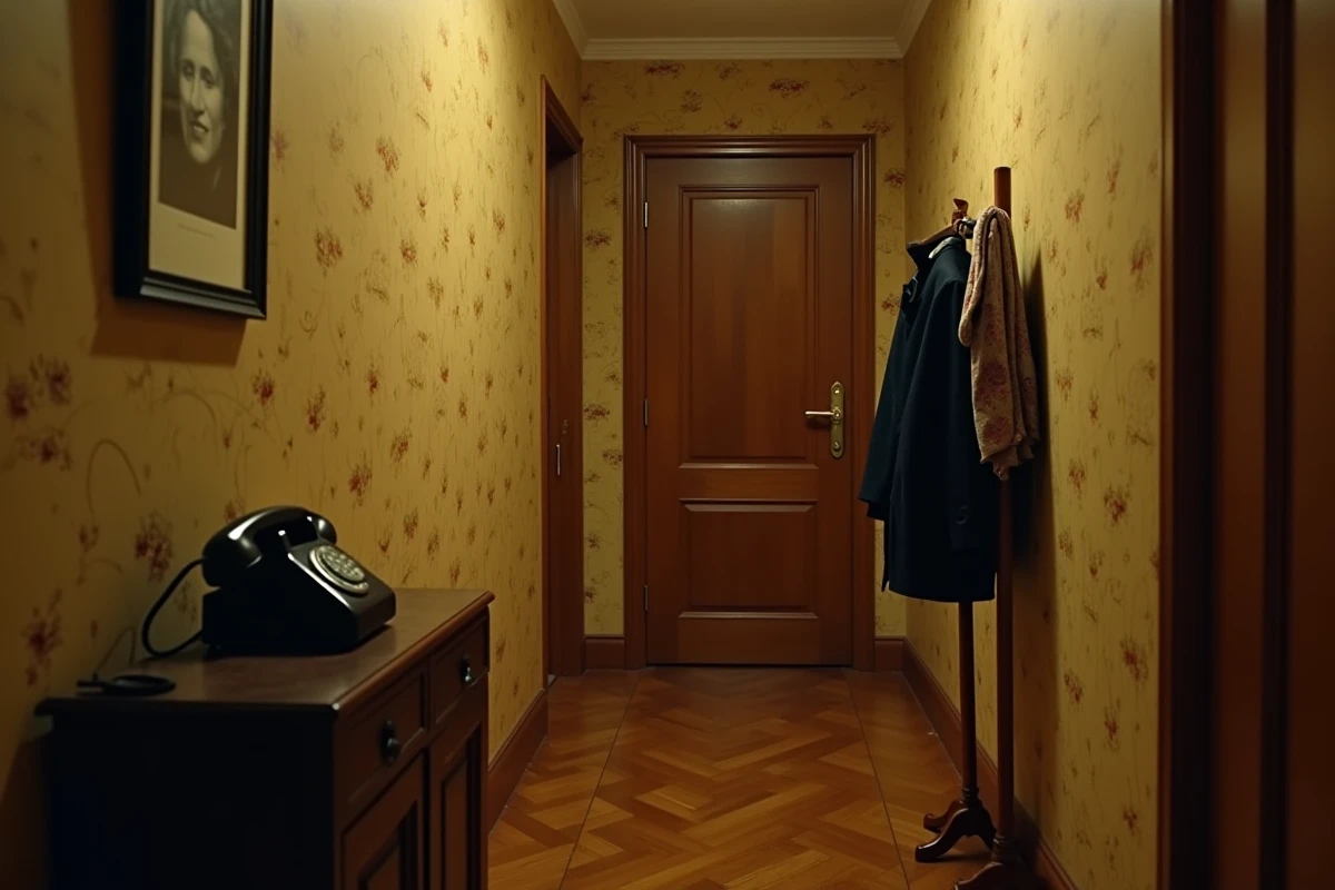 Couloir d'appartement parisien des années 1970 vide et silencieux, ambiance mélancolique évoquant la solitude et la tragédie d'une célébrité disparue