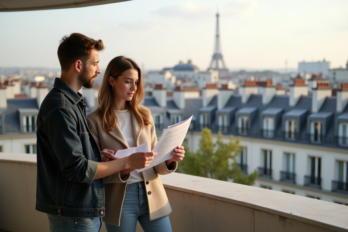 Jeune couple regarde documents immobiliers sur balcon parisien