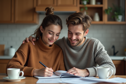 Jeune couple à la maison examinant des factures