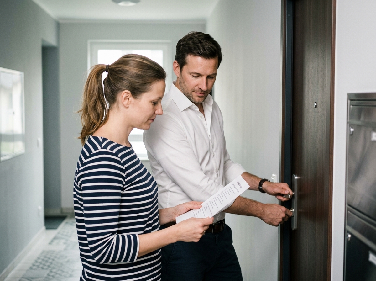 Couple vérifiant leur porte d'appartement avec une liste de contrôle avant les vacances