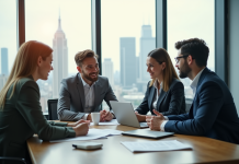 Jeune couple consultent un conseiller financier dans un bureau moderne
