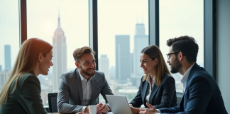 Jeune couple consultent un conseiller financier dans un bureau moderne