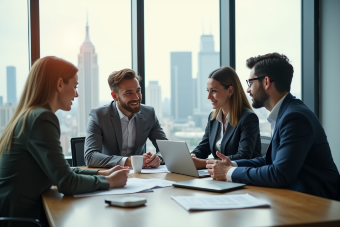 Jeune couple consultent un conseiller financier dans un bureau moderne