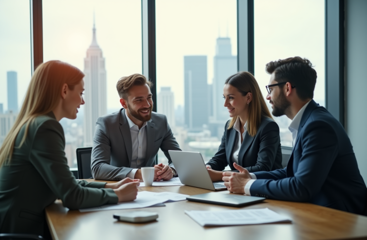 Jeune couple consultent un conseiller financier dans un bureau moderne