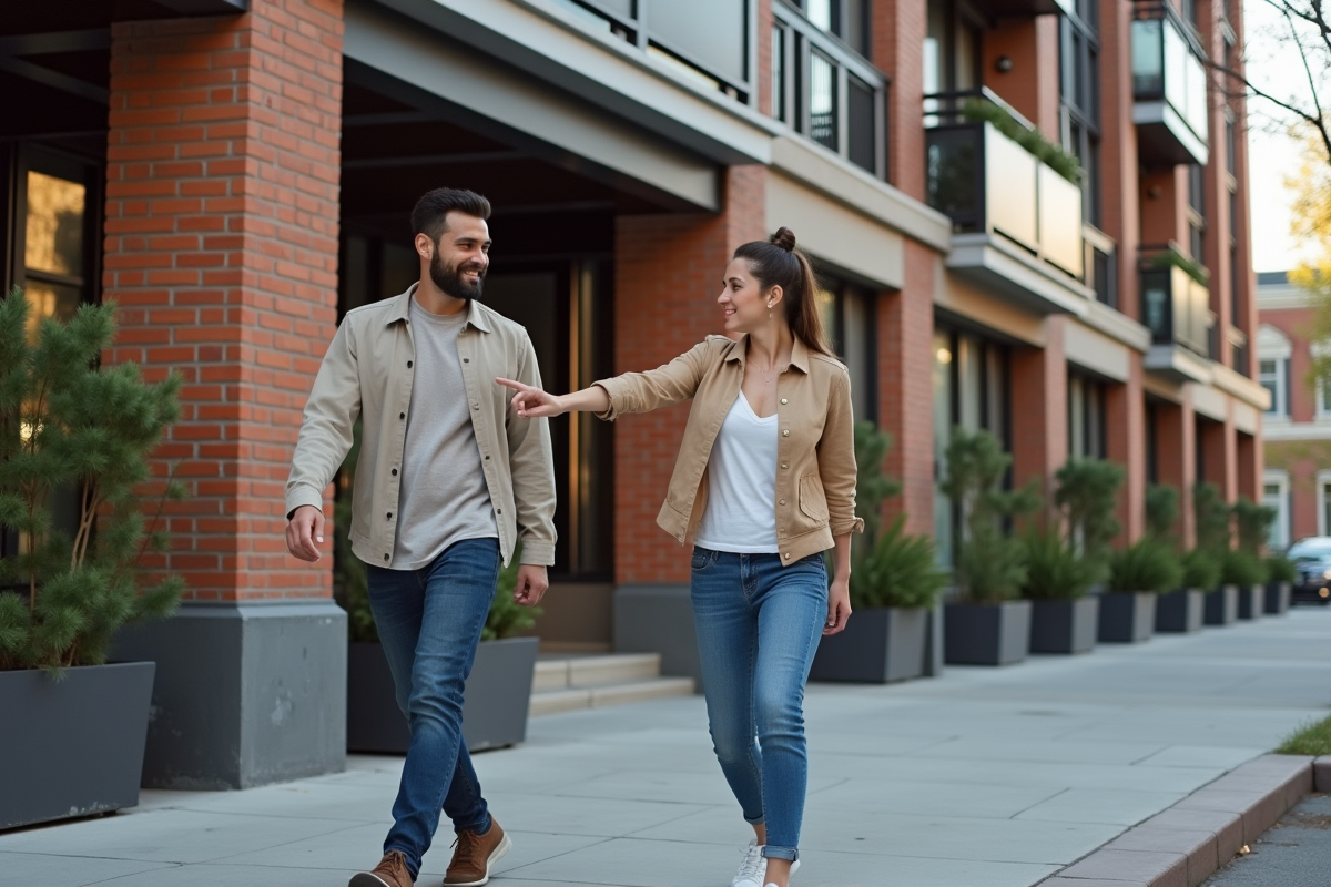Jeune couple découvrant un immeuble rénové avec enthousiasme