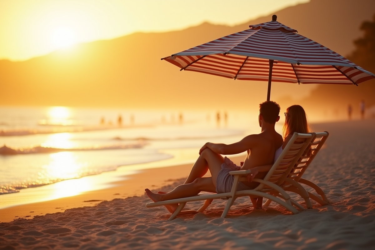 Couple relaxant sous parasol sur plage de Nîmes au coucher de soleil