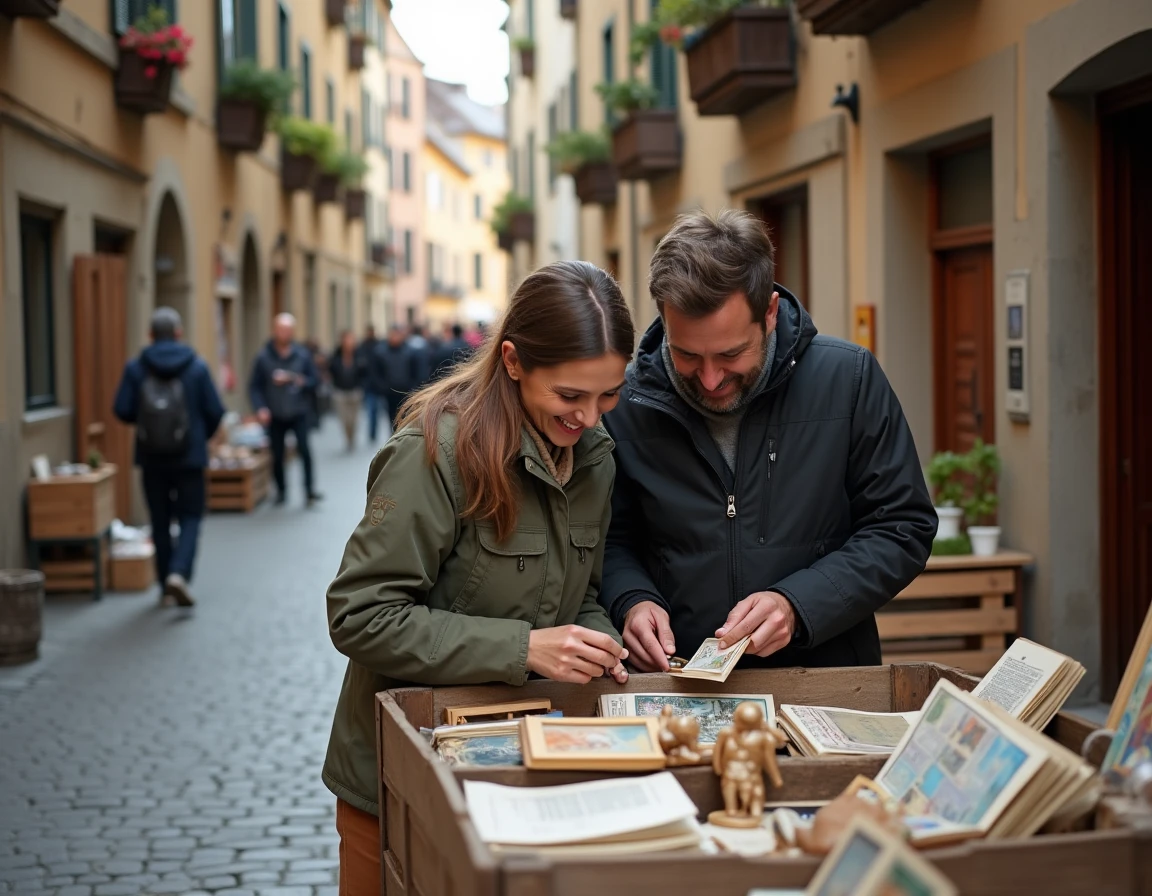 Couple découvrant des livres anciens et objets de collection dans une braderie de Savoie