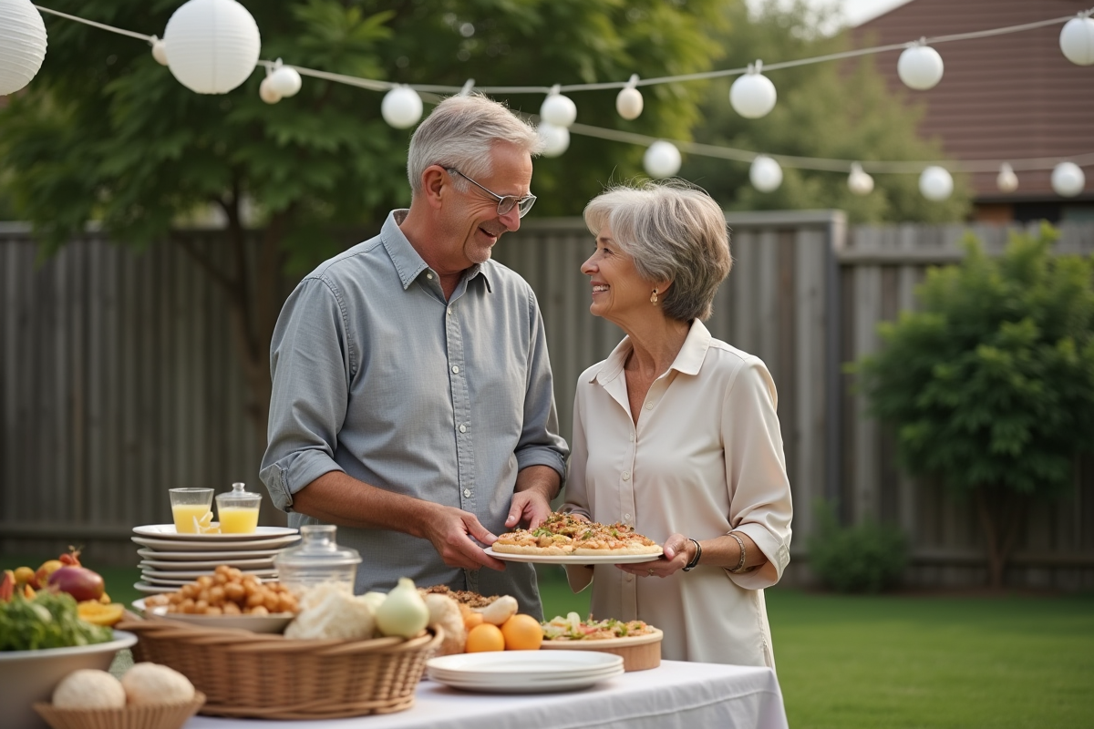 Couple arrangeant un buffet dans un jardin lors d