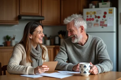Un couple riant en cuisine avec cartes de vœux hiver