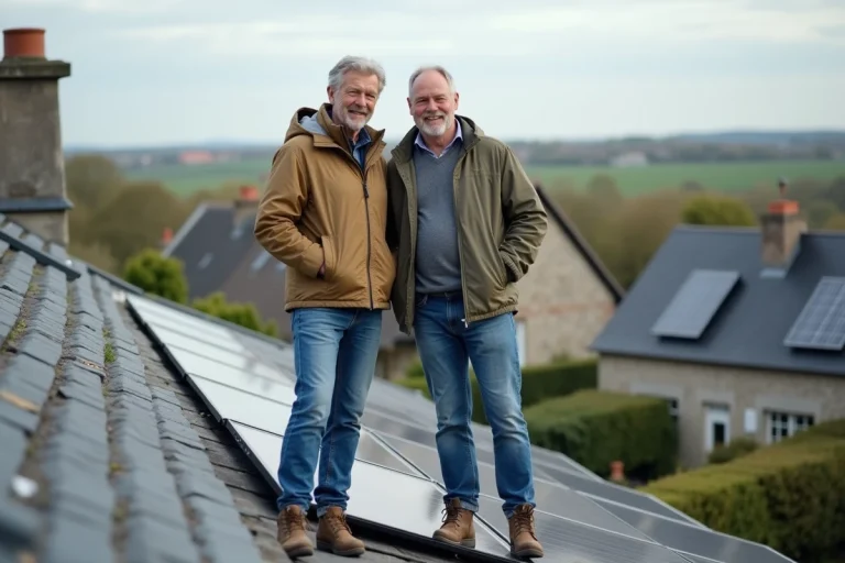 Couple normand inspectant des panneaux solaires sur le toit