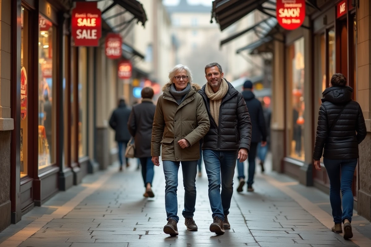 Couple se promenant dans une rue commerçante piétonne ouverte le 1er janvier avec vitrines de soldes et ambiance calme