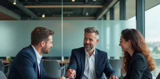 Courtier en prêt immobilier avec un couple dans un bureau moderne