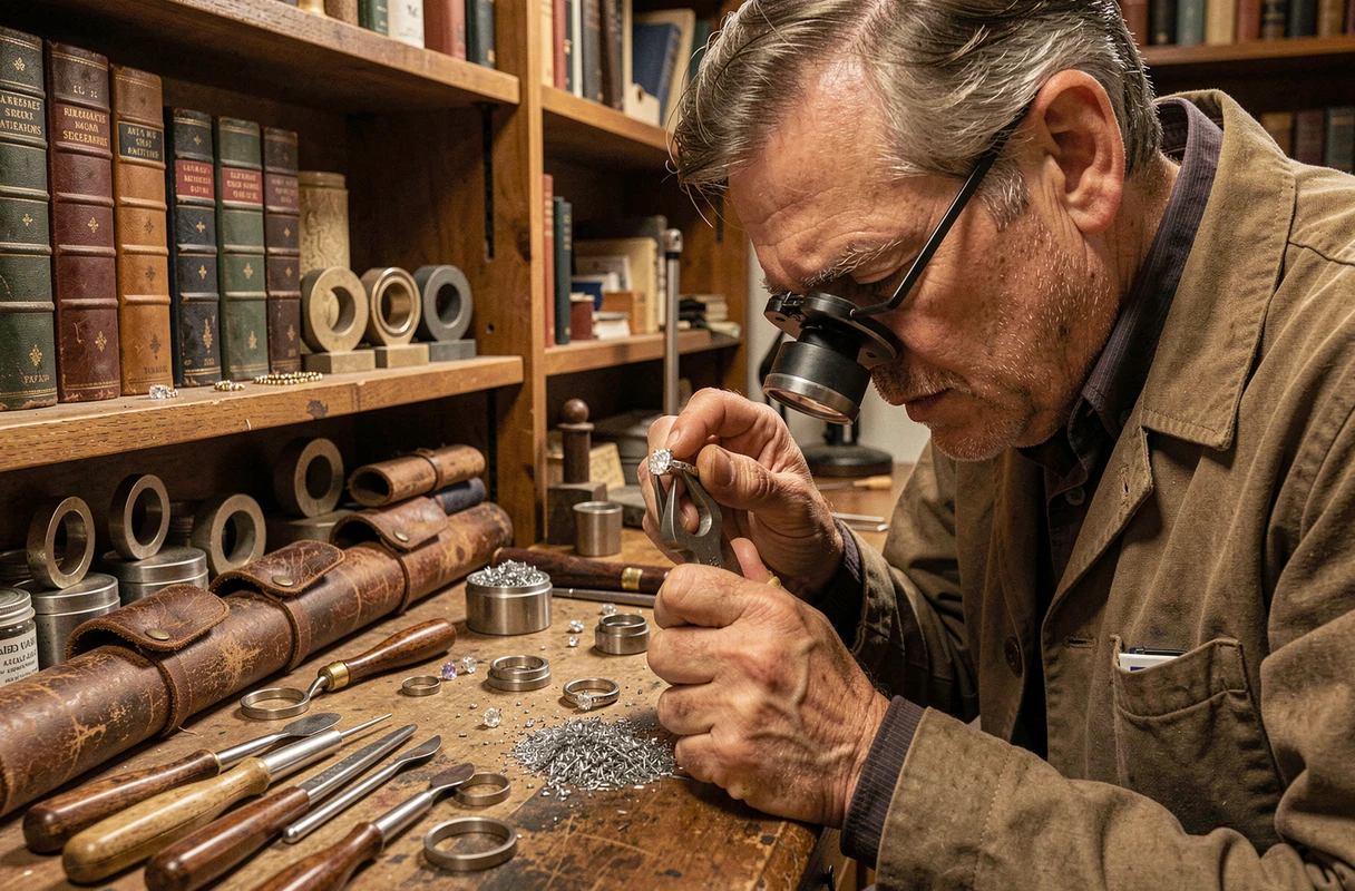 Artisan joaillier David Pollet examinant une bague diamant dans son atelier traditionnel