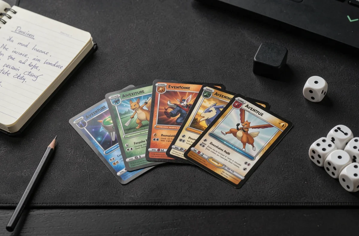 Vue de dessus d'un deck Pokémon Aventure Ensemble étalé sur un tapis de jeu avec des accessoires de débutant