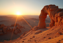 Paysage désertique au lever du soleil dans Bardenas Reales avec formations rocheuses