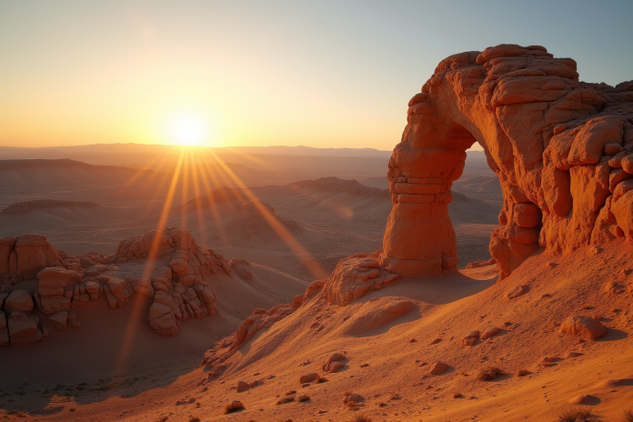 Paysage désertique au lever du soleil dans Bardenas Reales avec formations rocheuses