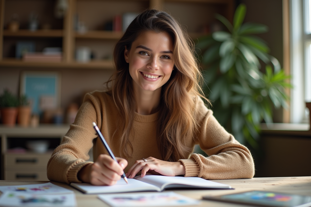 Artiste femme souriante en train de dessiner dans son carnet