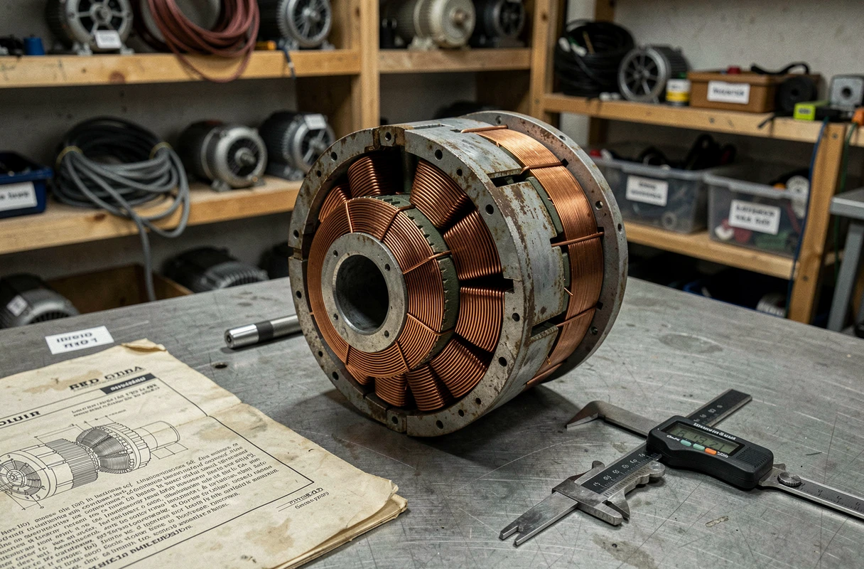 Détail des enroulements en cuivre d'un moteur asynchrone démonté sur un établi d'atelier électrique