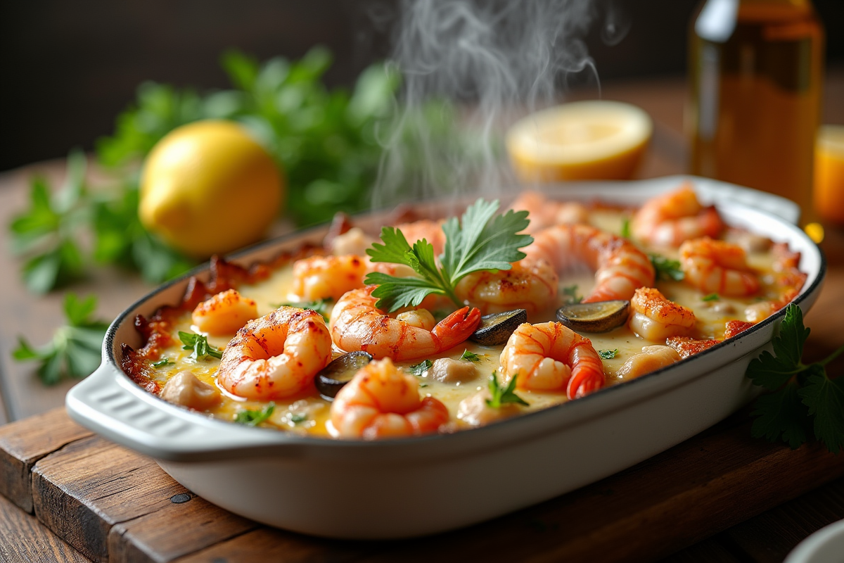 Gros plan sur un gratin de fruits de mer chaud avec crevettes et moules